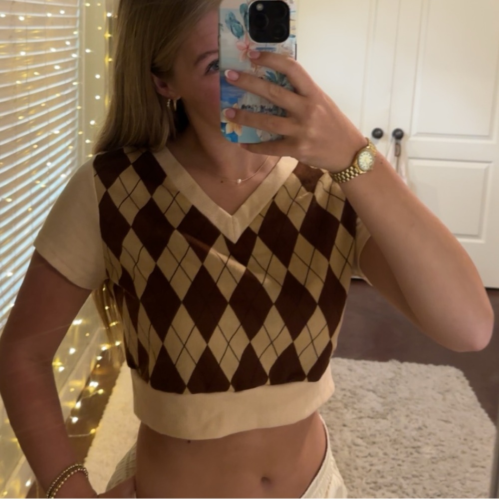 Brown Checkered V-Neck Crop Top